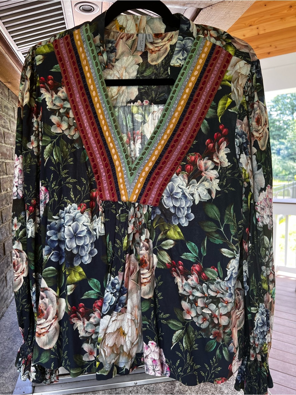 Floral V-Neck Long-Sleeve Blouse in Black with Multicolor Trim